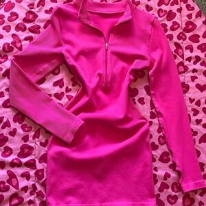 Hot Pink Ribbed Half-Zip Bodycon Dress